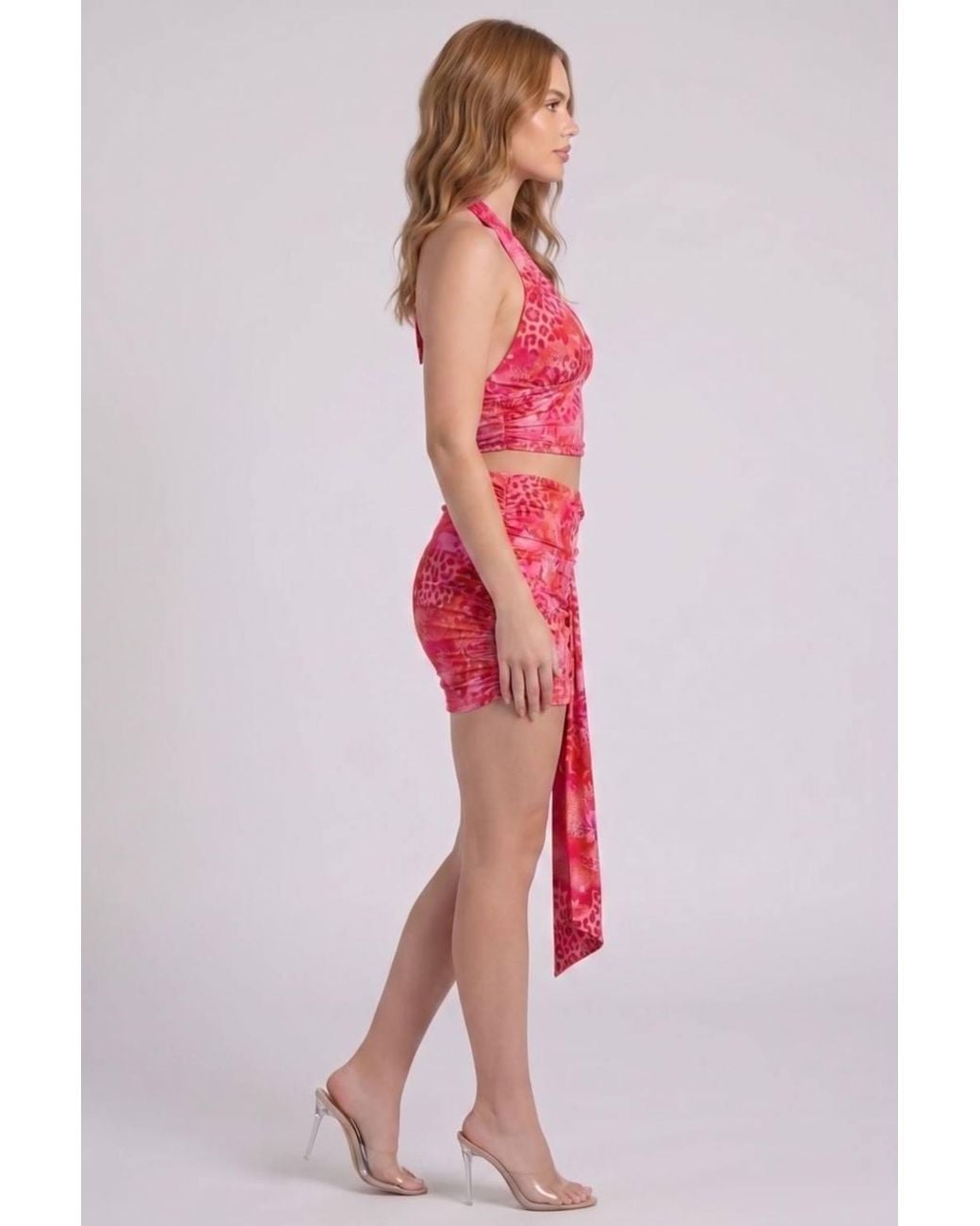 Stylewise Red Floral Halter Neck Crop Top & Ruched Skirt Drape Co-Ord