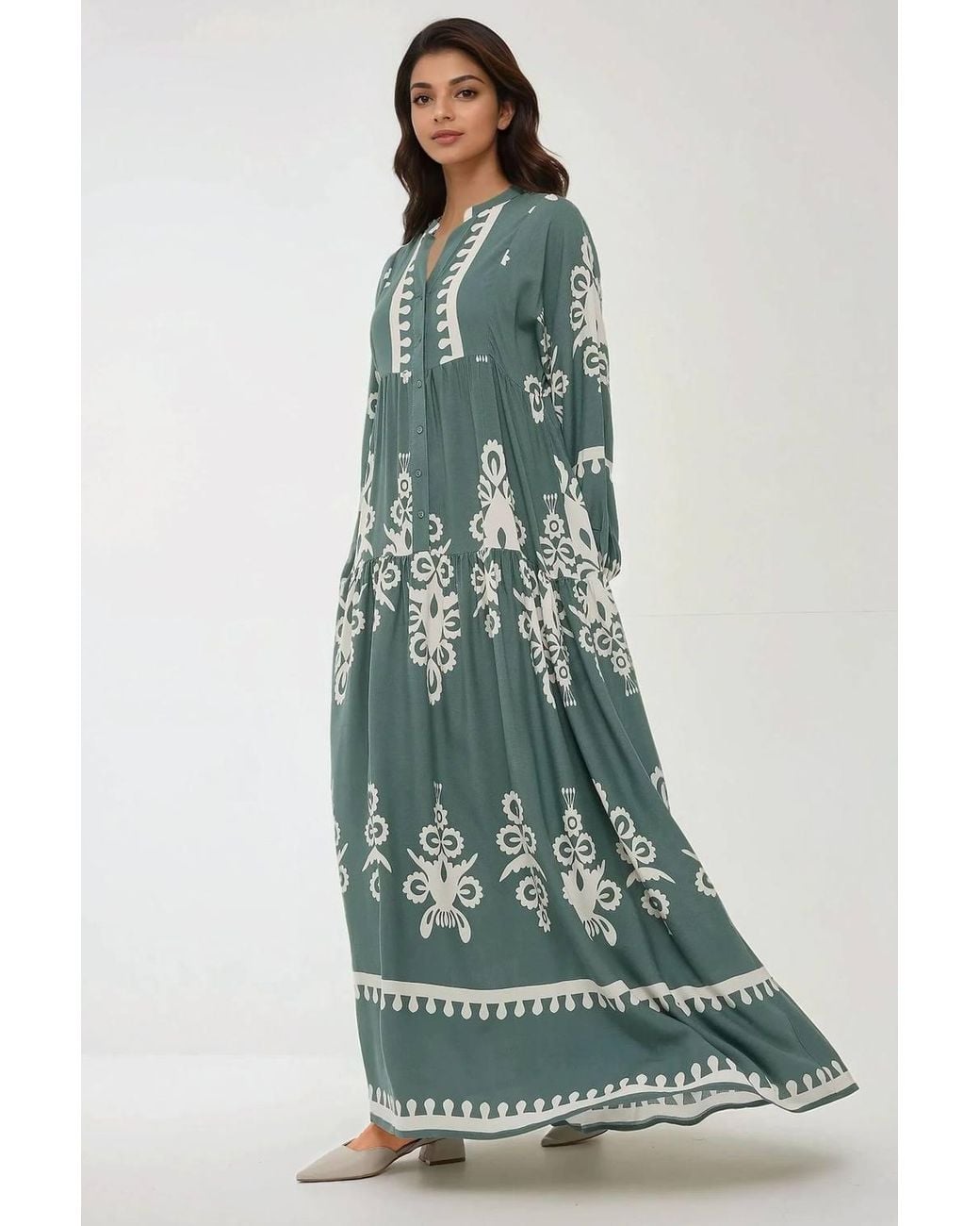 Hiccup Green Printed Long Sleeve Viscose Maxi Dress