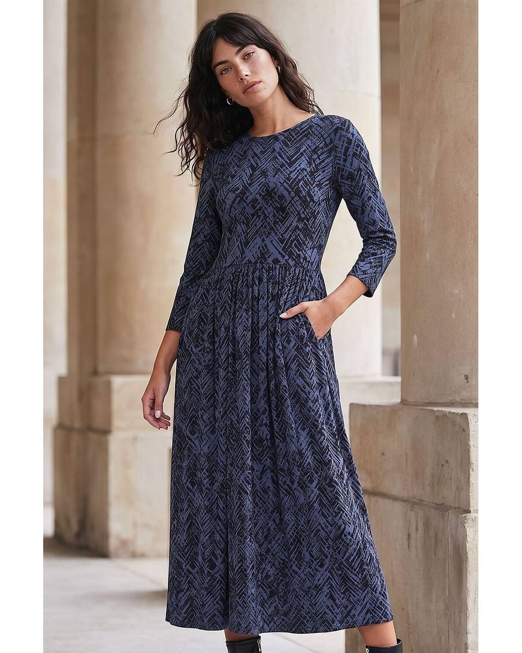 Roman Blue Abstract Print Stretch Midi Dress