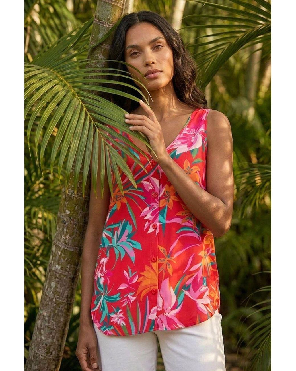 Roman Green Tropical Print V-Neck Button Cami Top