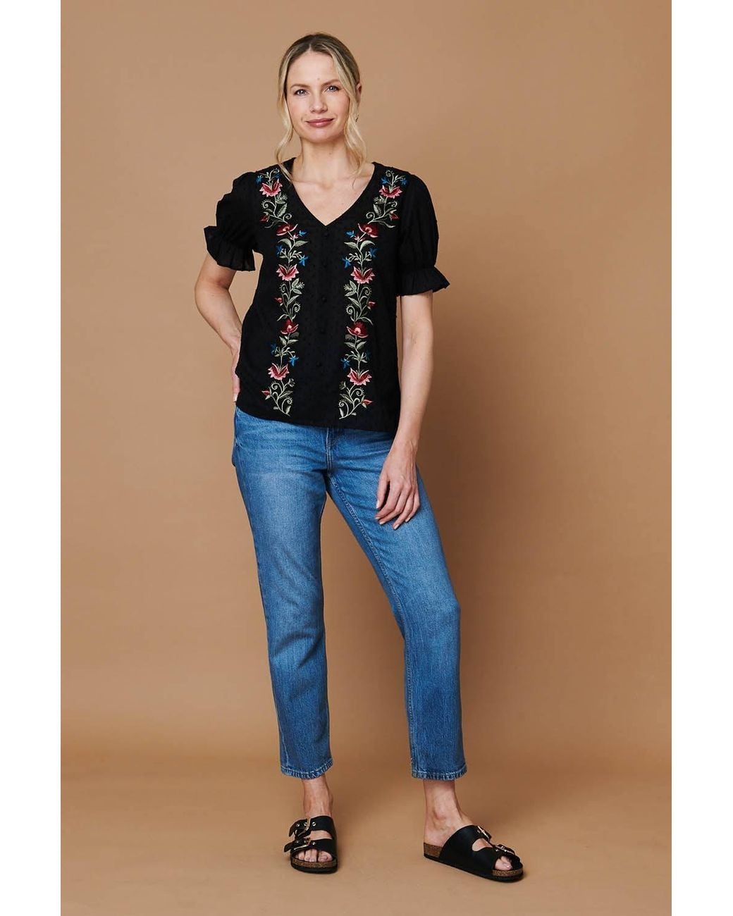 Izabel London Black Floral Embroidery Puff Sleeve Blouse