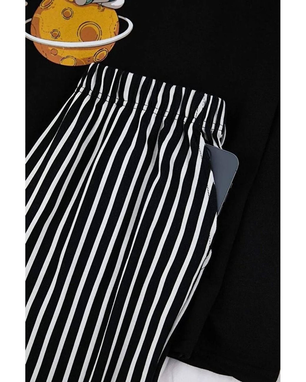 WOVCOR Black 2 Piece Cotton Pajama Set With Astronaut Print & Stripe Detail for men