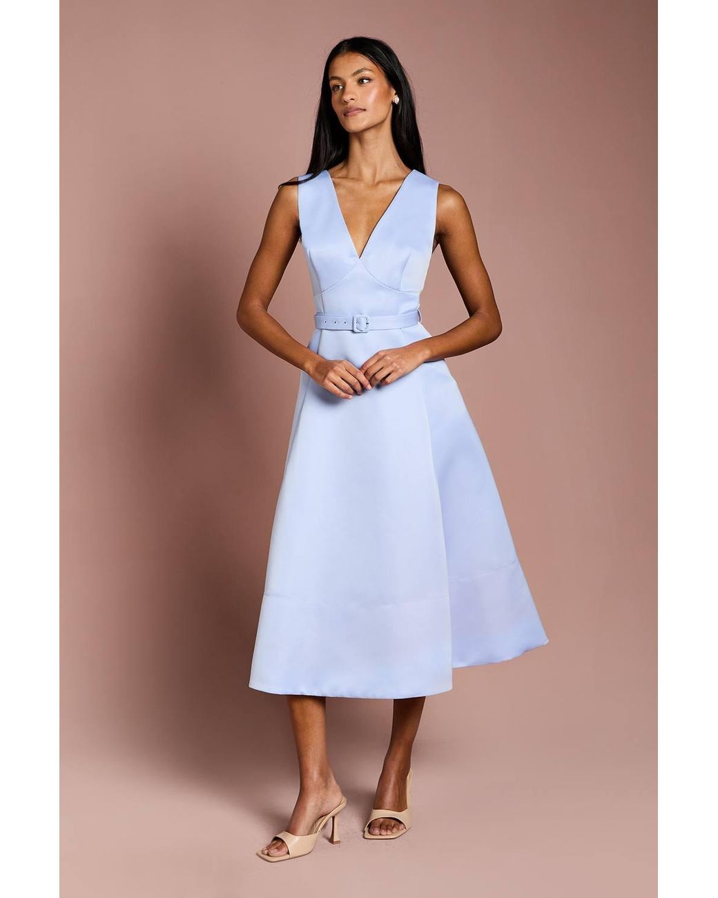Coast Blue Petite V Neck Structured Satin Belted Midi Dress