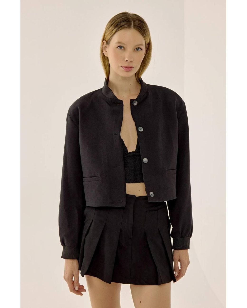 Hiccup Black College Collar Double Pocket Cropped Jacket