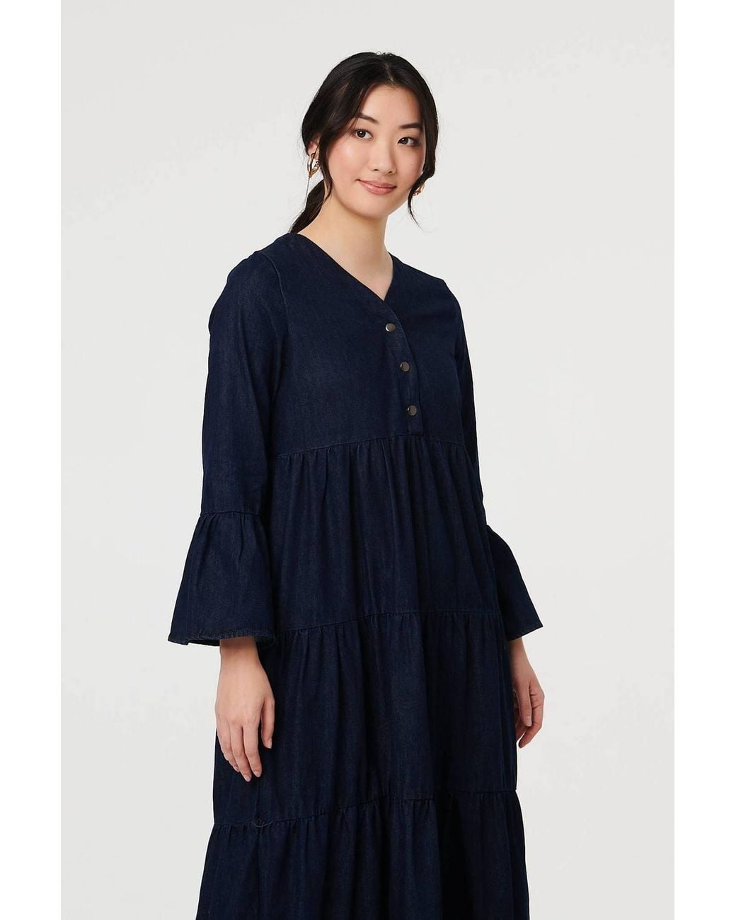 Izabel London Blue Tiered Long Sleeve Relaxed Maxi Dress