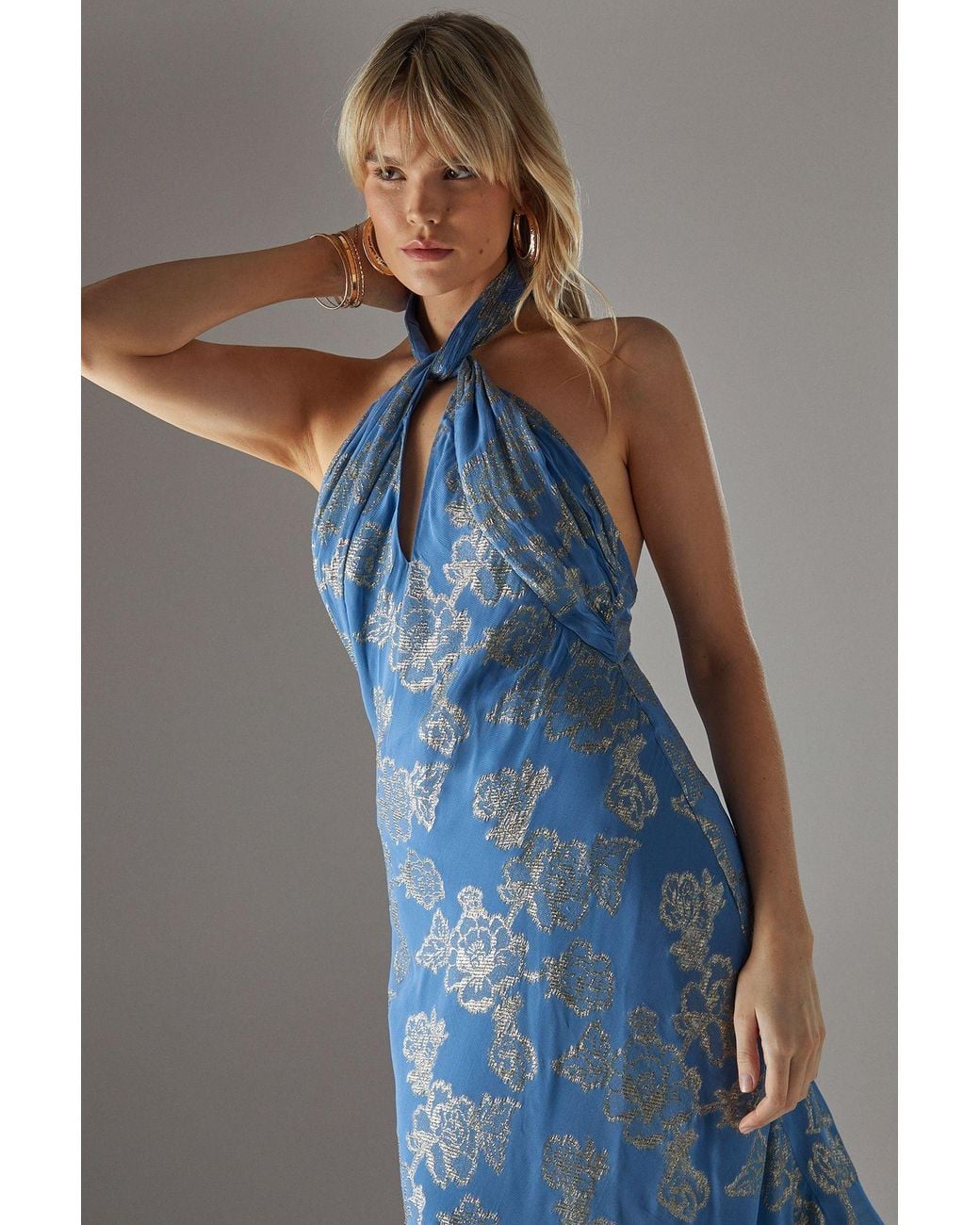 Warehouse Blue Metallic Chiffon Fringe Hem Halter Wrap Front Midi Dress