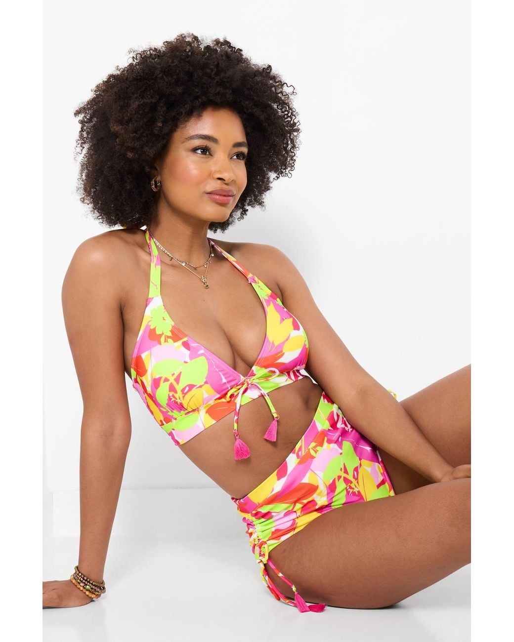 Joe Browns Pink Halter Neck Bikini Top With Tropical Leaf Print & Tassel Tie