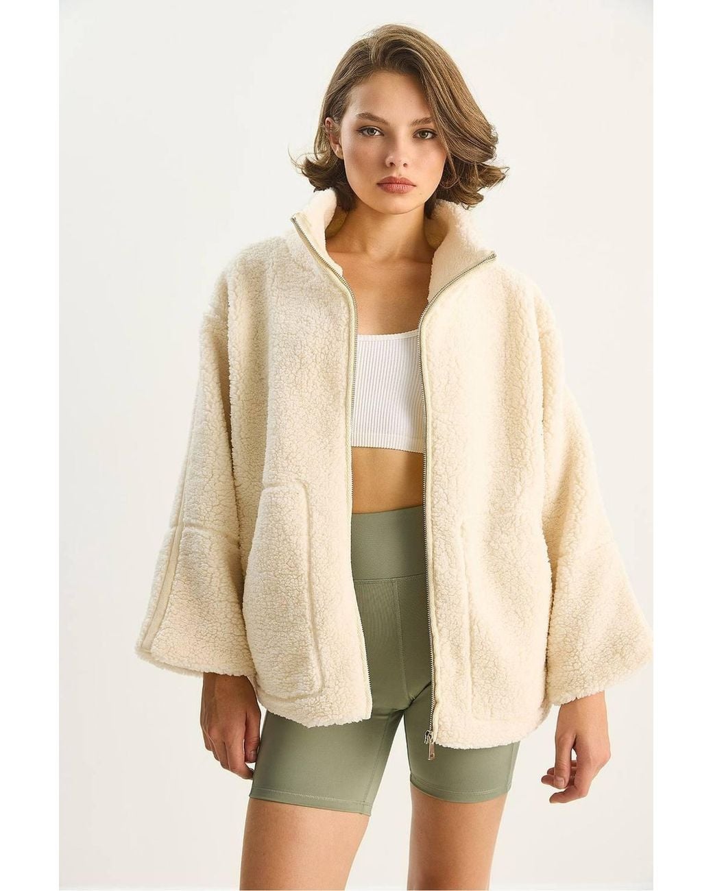 Bianco Lucci Natural Oversized Plush Jacket With Pockets