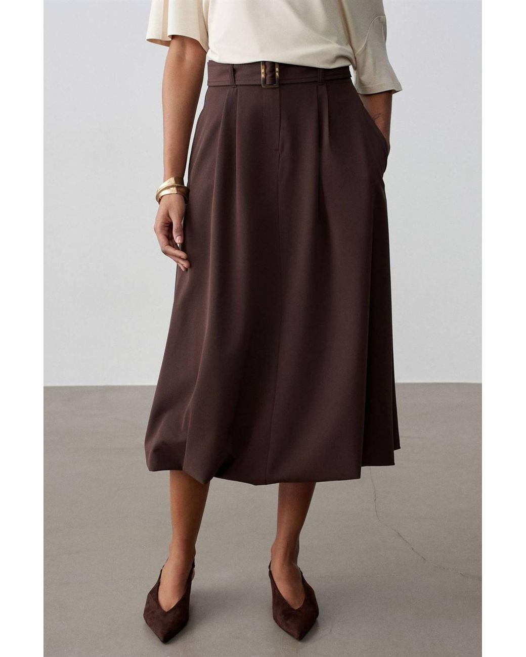 Dilvin Green High-Waist Belted Midi Balloon Skirt