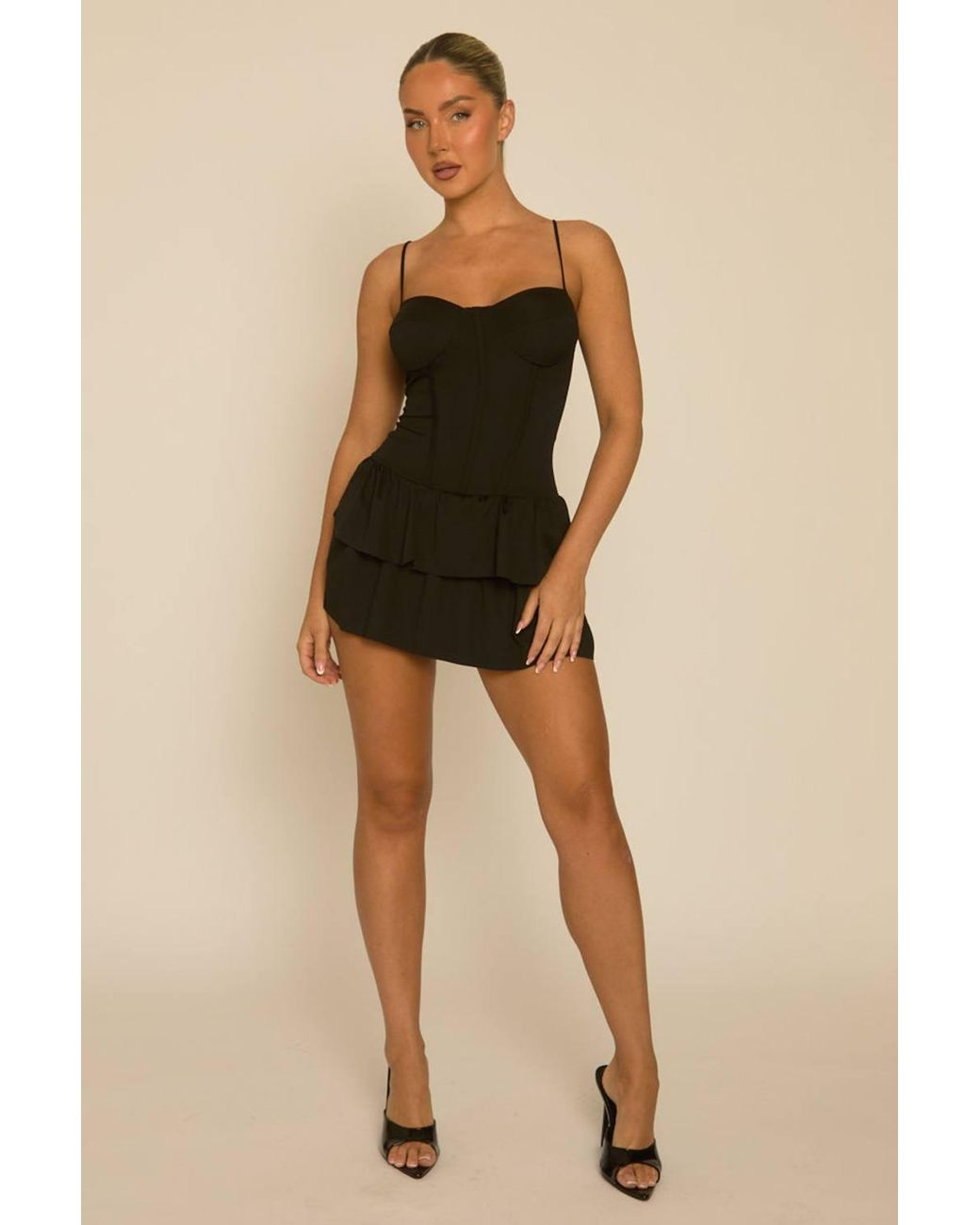 Rebellious Fashion Black Corset Detail Frill Hem Playsuit