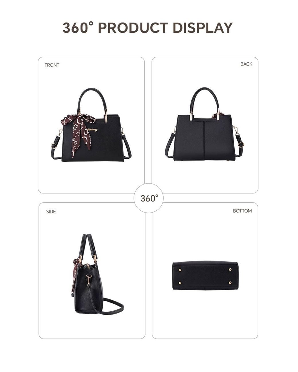 MODISHION Black Classic Tote Bag With Removable Scarf Decor
