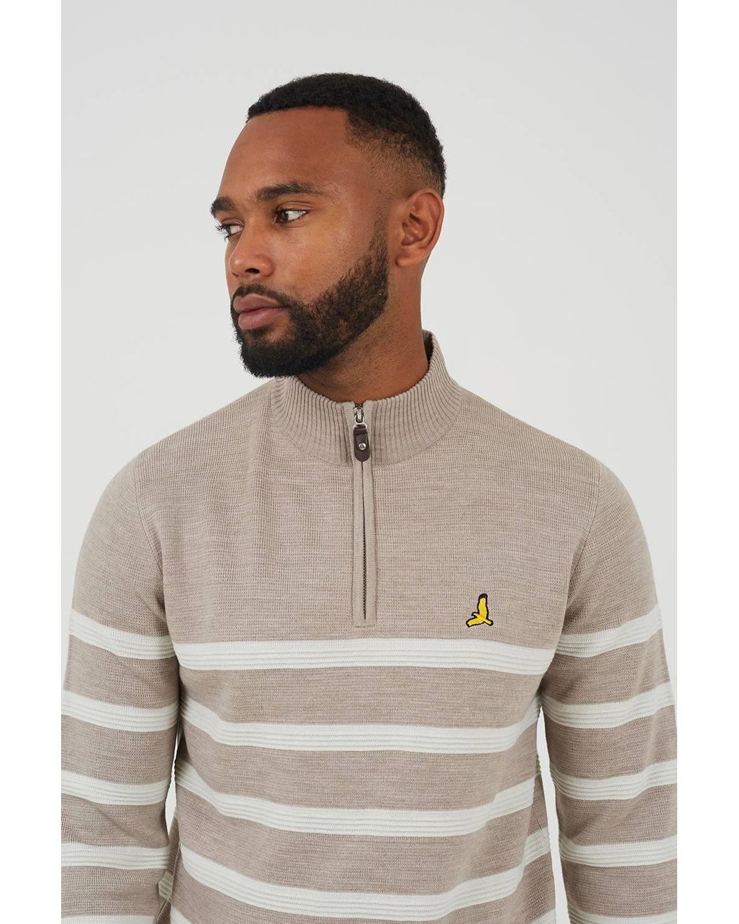 Brave Soul Natural Quarter Zip Stripe Knitted Jumper for men