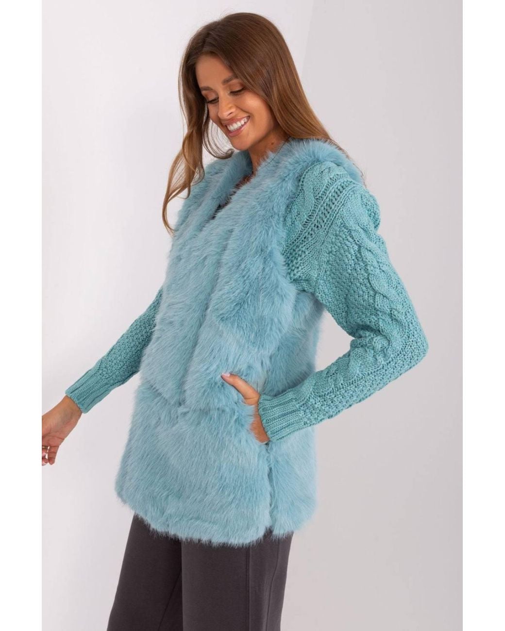 Love Lace Blue Soft Fur Vest With Pockets For Autumn Wear