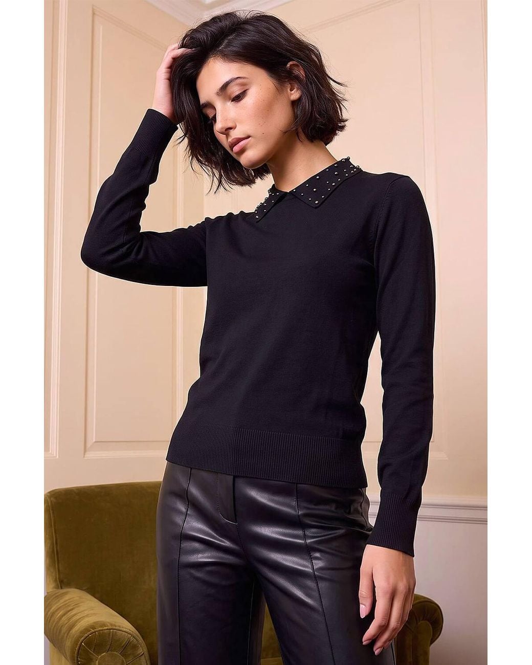 Roman Black Petite Faux Pearl Collared Knit Jumper