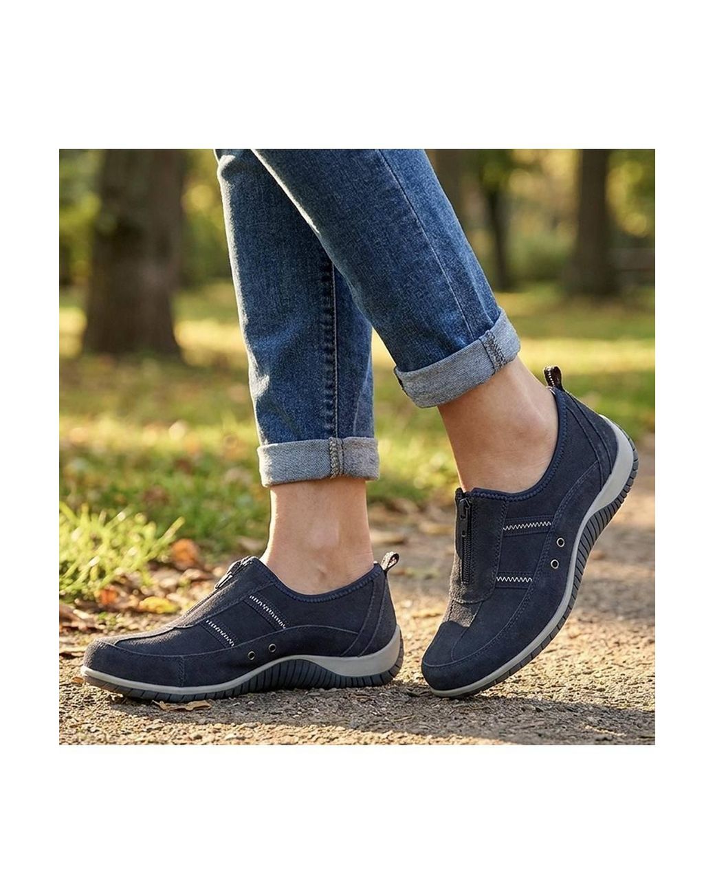 Pavers Blue Memory Foam Leather Slip On Trainers