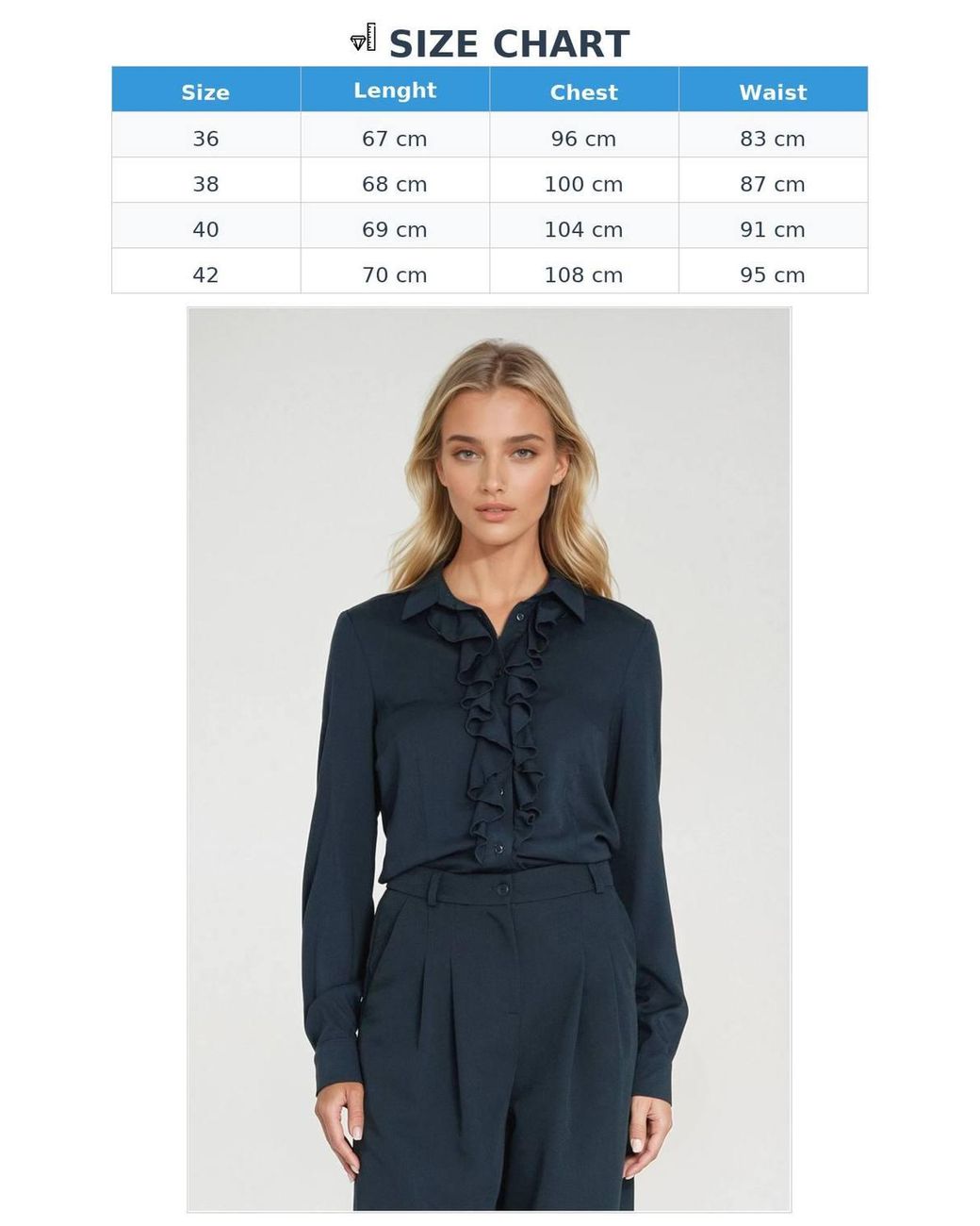 KDMD Blue Fitted Long Sleeve Shirt With Jabot Detail