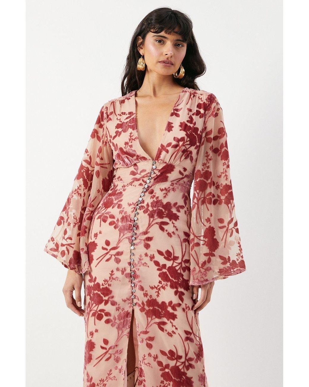 Warehouse Velvet Plunge Neck Flared Sleeve Button Through Midi Dress