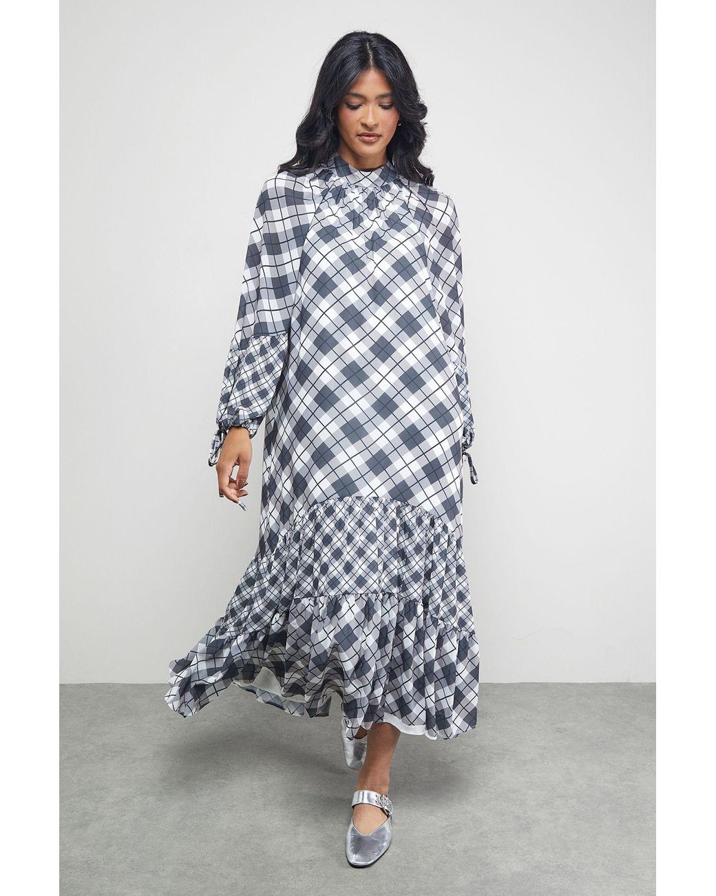 Warehouse Blue Tony Chiffon High Neck Tier Smock Midi Dress