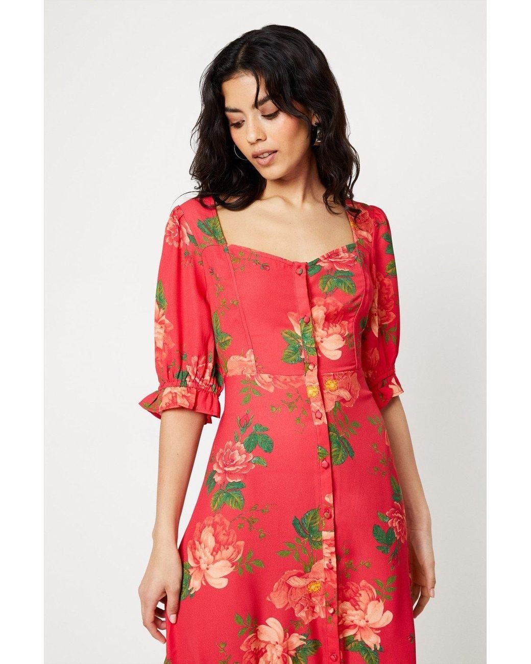 Dorothy Perkins Red Petite Button Through Midi Dress