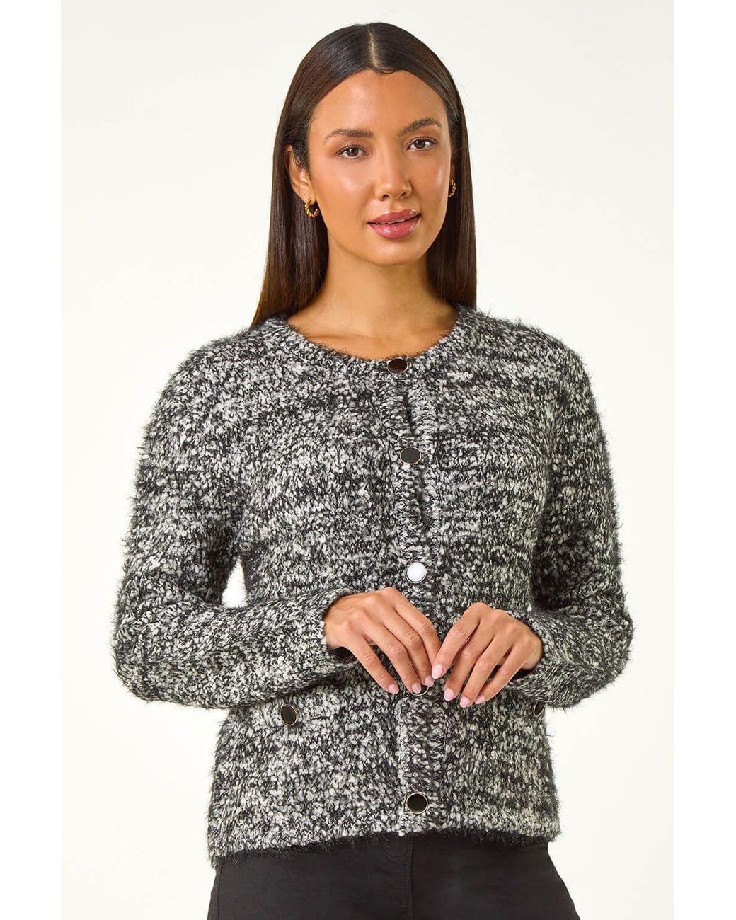 Roman Gray Fluffy Buttoned Knit Cardigan