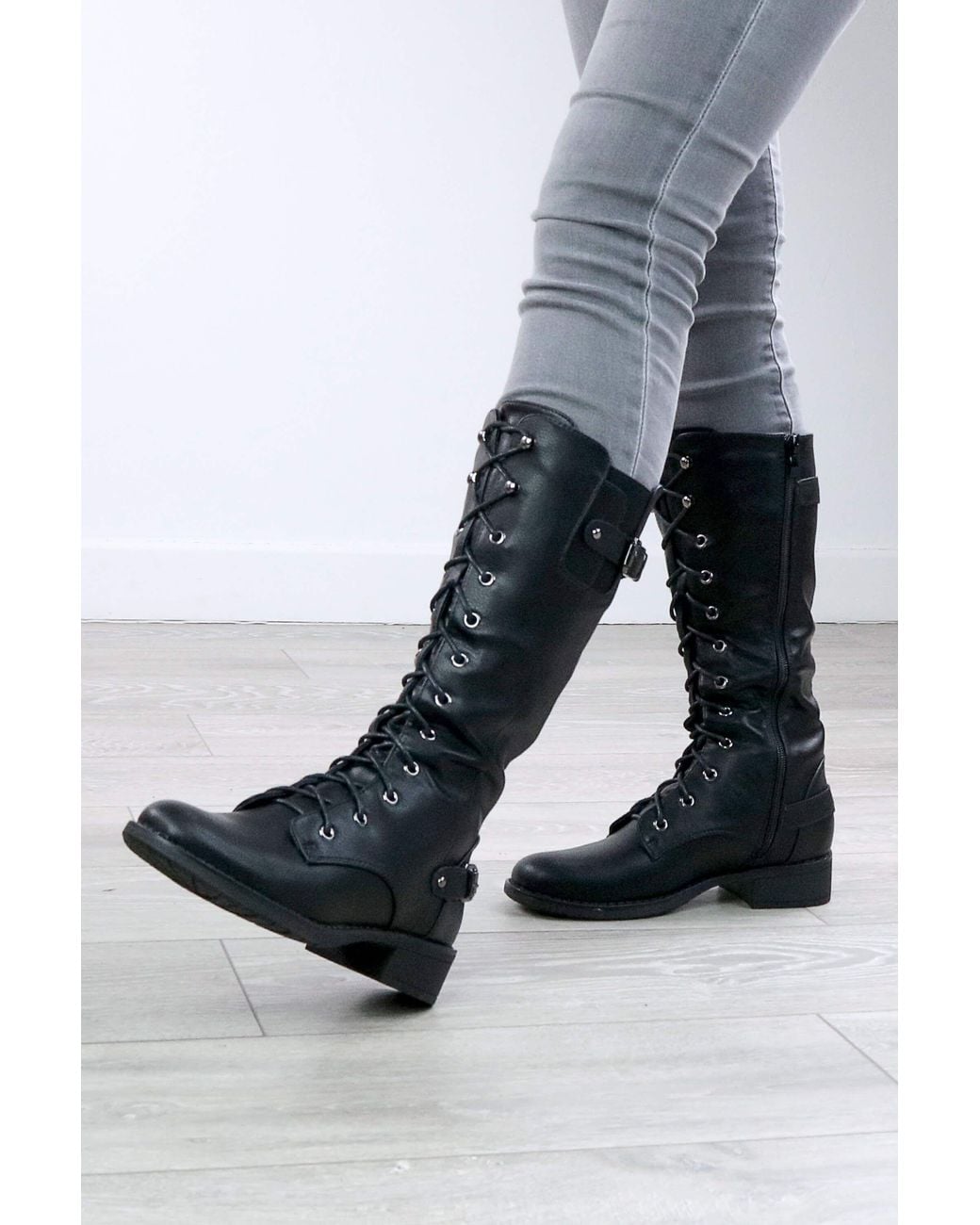 AJVANI Gray Lace Up Military Combat Biker Style Calf Boots