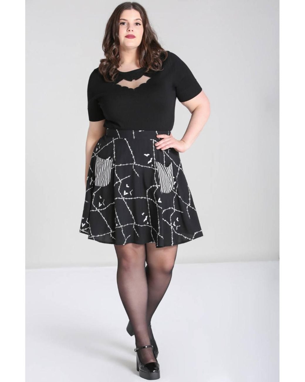 Hell Bunny Black Stitches Bat Print Mini Skirt With Contrast Pocket Details