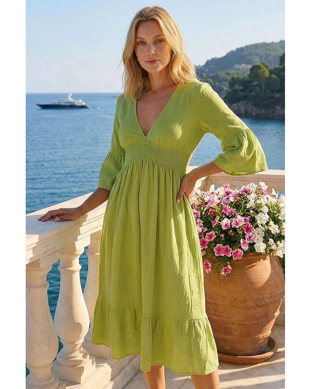 Roman Blue Linen Look Shirred Midi Dress