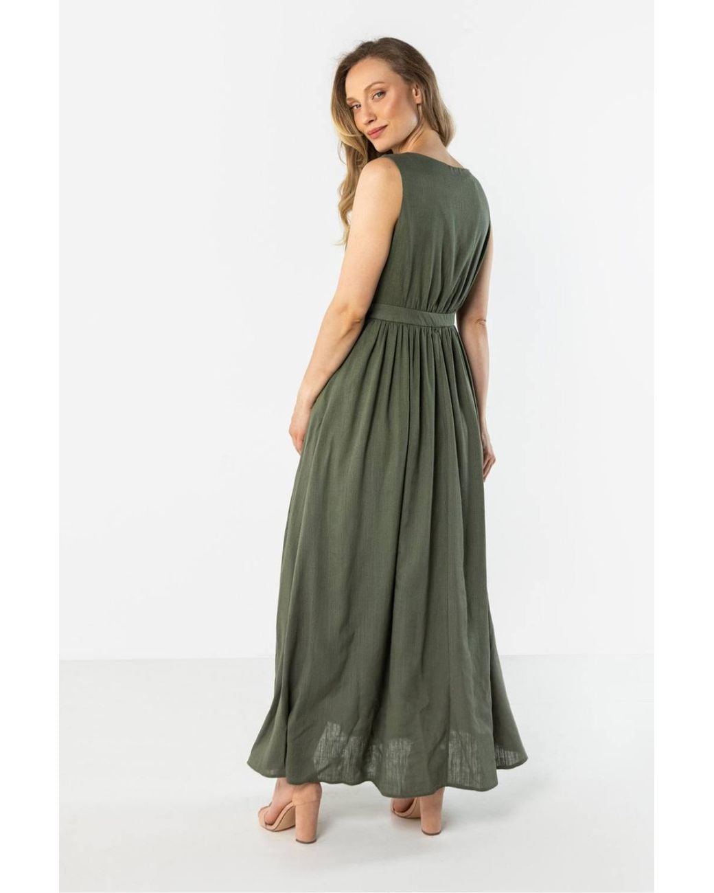 Love Lace Green Linen Wrap Strappy Fit & Flare Dress