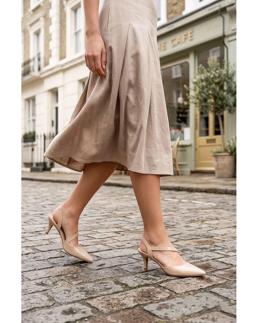 Spot on Natural Pointed Toe Slingback Court Shoe With Strap Detail