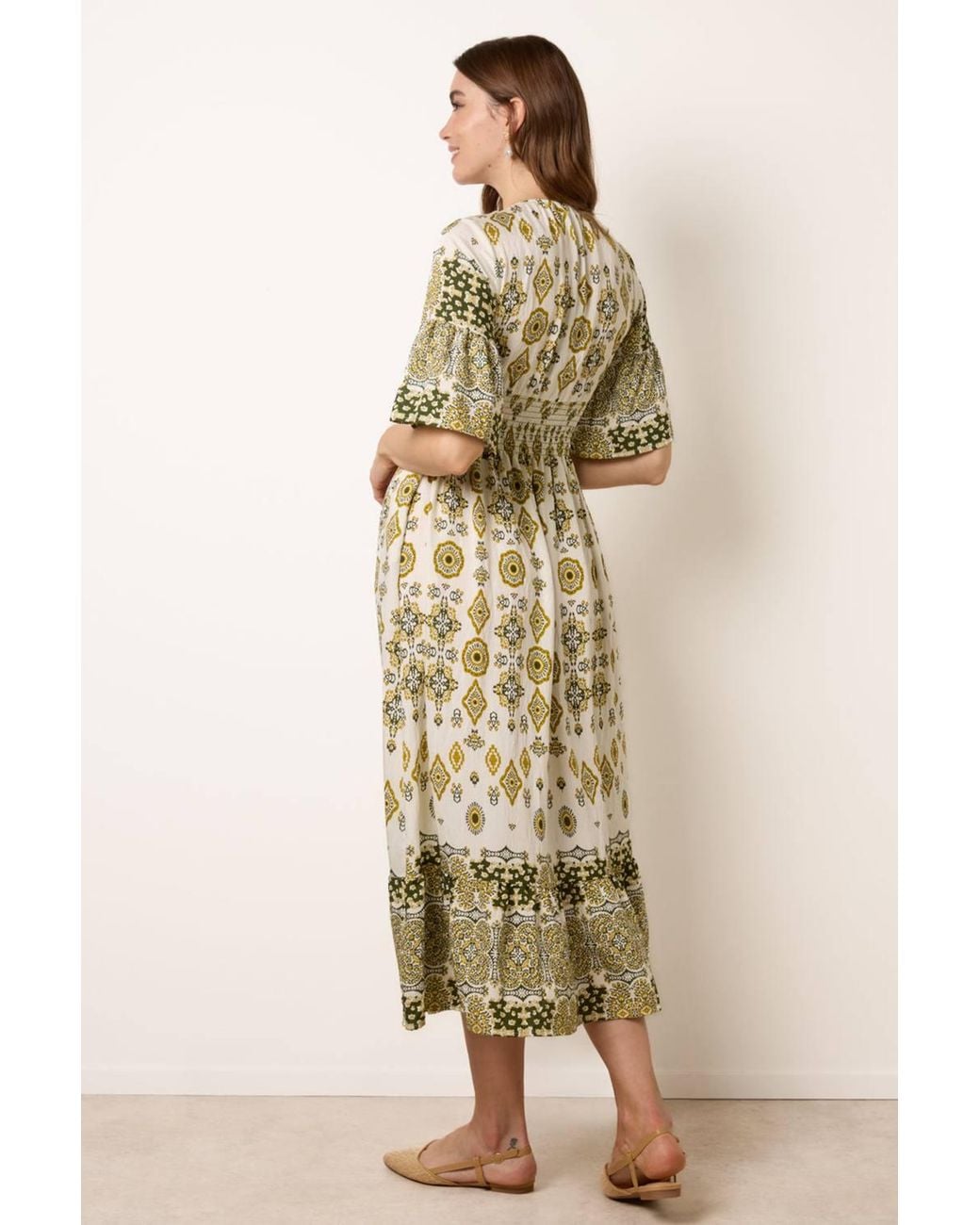 Blue Vanilla Natural V Neck Border Print Maxi Dress