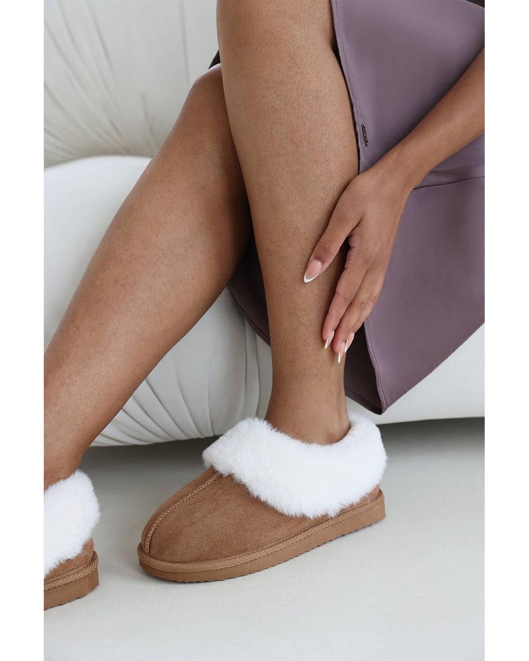 Where's That From Gray Inaya Mule Slippers With Faux Fur Collar Trim