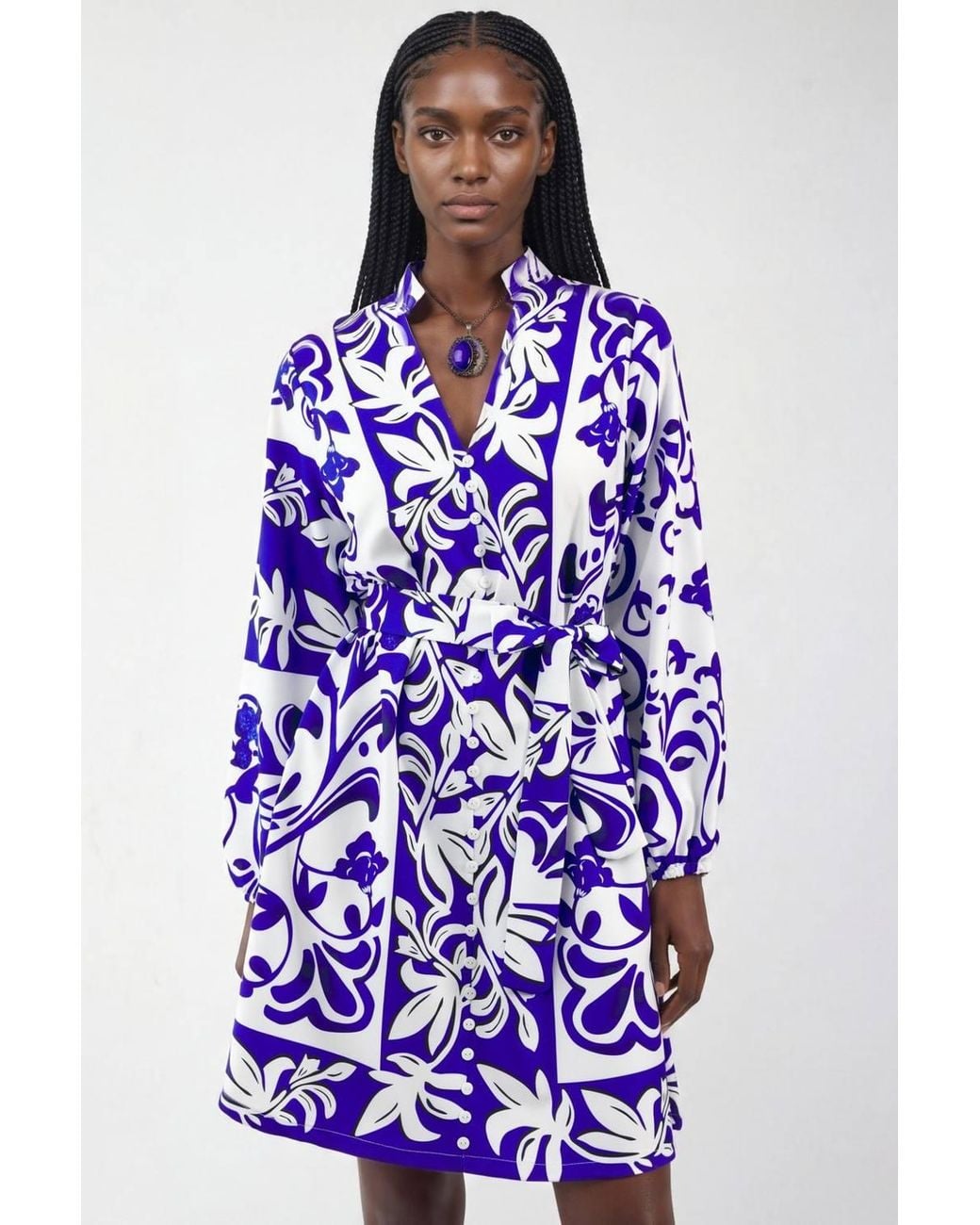 Msn-Collection Blue Floral V-Neck Mini Shirt Dress With Belt