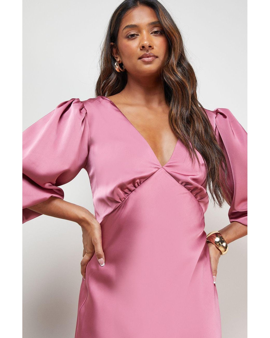 Oasis Pink Satin V Neck Balloon Sleeve Bias Midi Dress