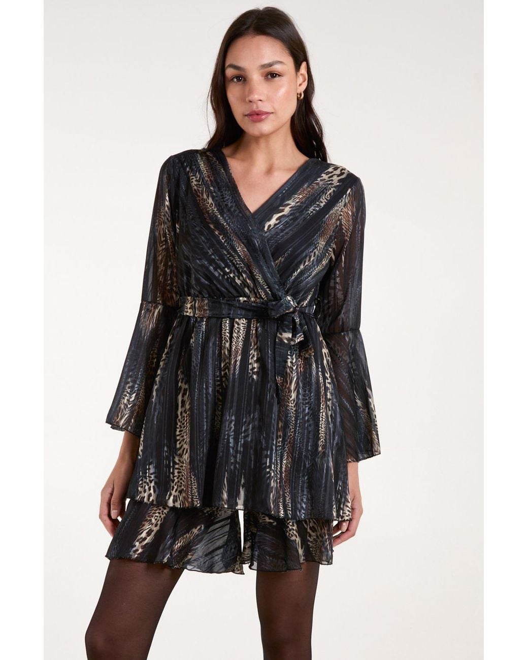 Blue Vanilla Black Metallic Wrap Over Dress