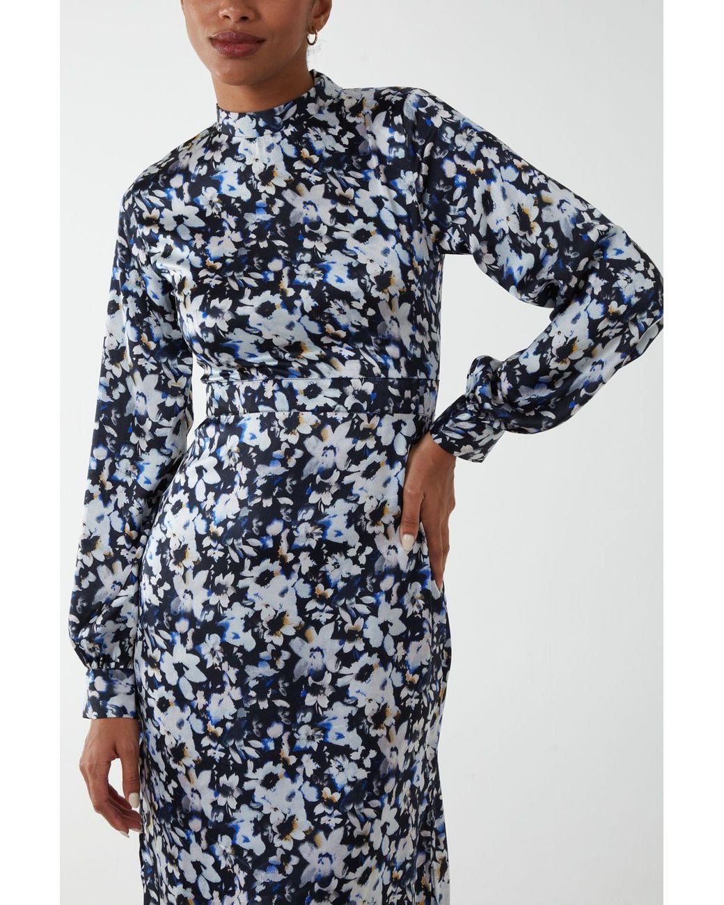 Blue Vanilla Blue Floral Print High Neck Dress