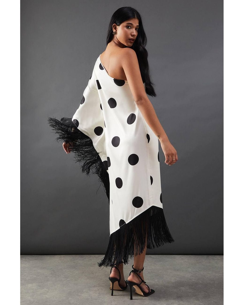Warehouse Gray Premium Fringe Trim One Shoulder Midi Dress