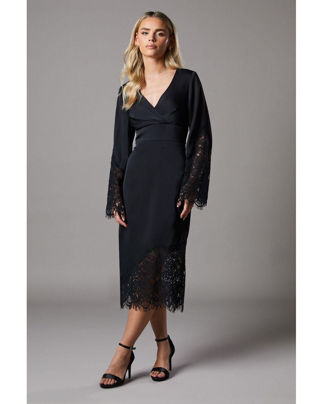 Coast Black Petite Lace Panelled Satin Wrap Midi Dress