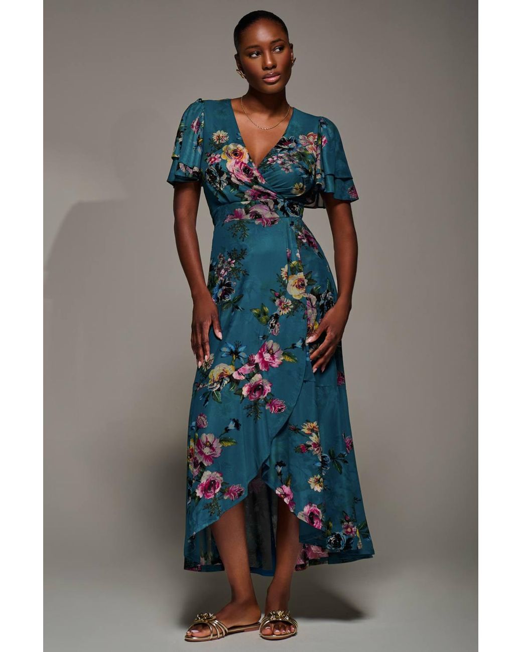 Jolie Moi Blue Angel Sleeve Mesh Frill Wrap Maxi Dress