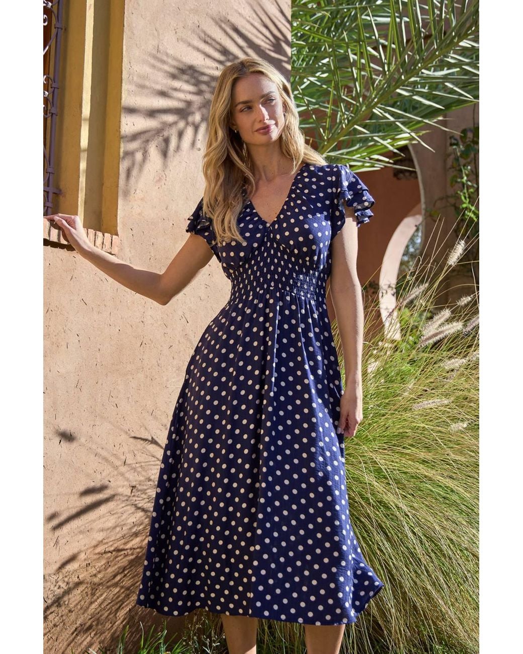 Blue Vanilla Blue Shirred Waist Short Sleeve V-Neck Midi Dress