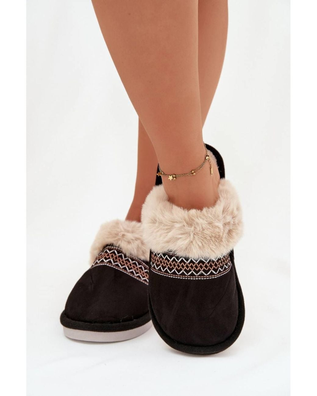 Love Lace Black Cozy Soft Fabric Slippers With Faux Fur & Embroidery Detail