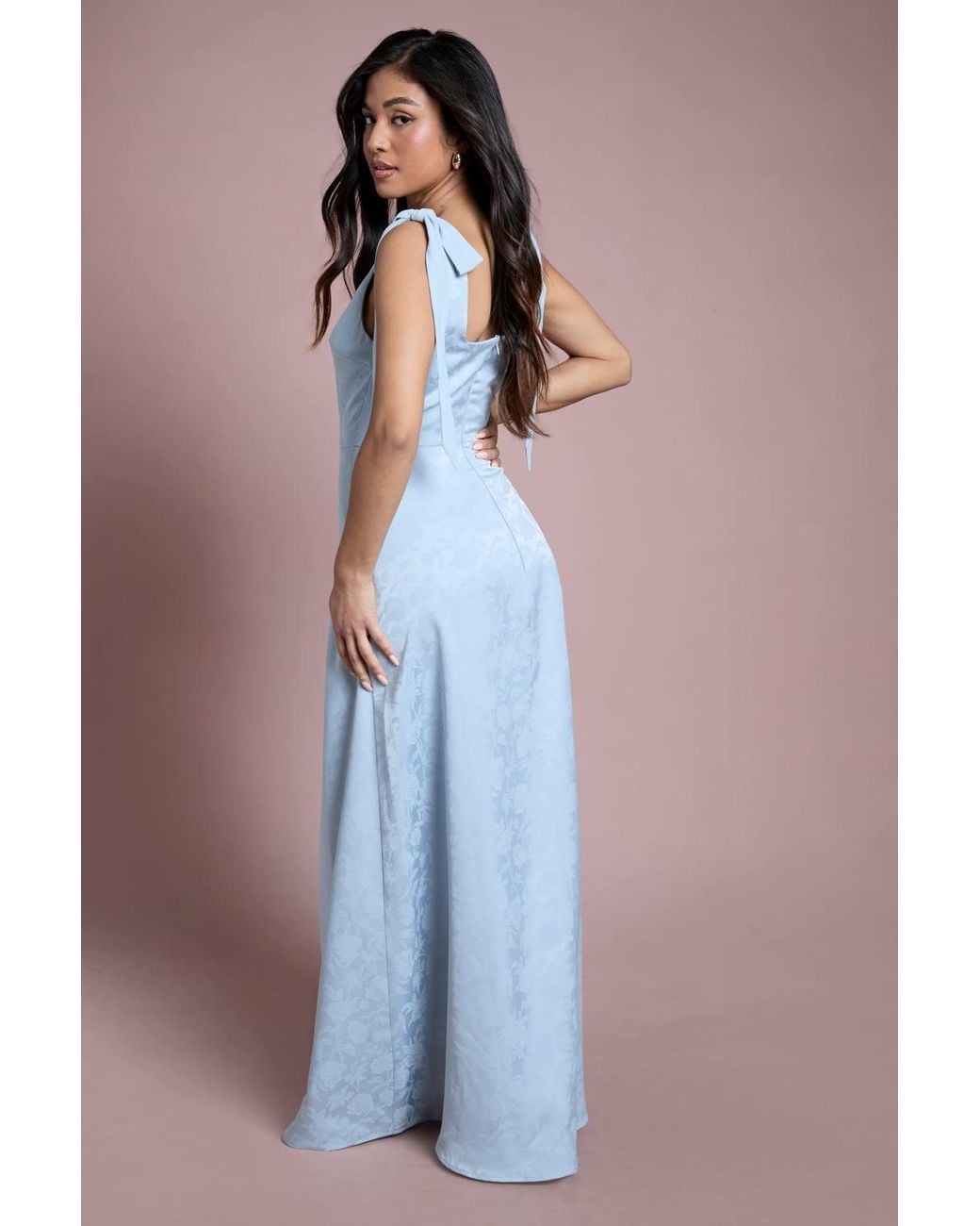 Oasis Blue Petite Square Neck Chiffon Tie Shoulder Satin Jacquard Bridesmaid Maxi Dress