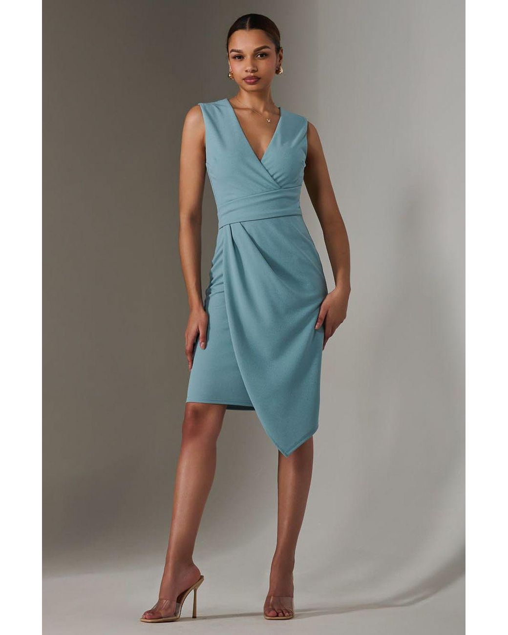 Jolie Moi Blue Sleeveless Wrap Front Midi Dress