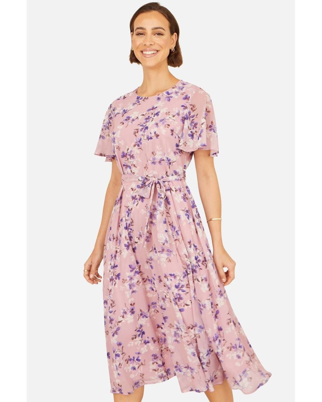 Yumi' Pink Blossom Skater Midi Dress With Angel Sleeves