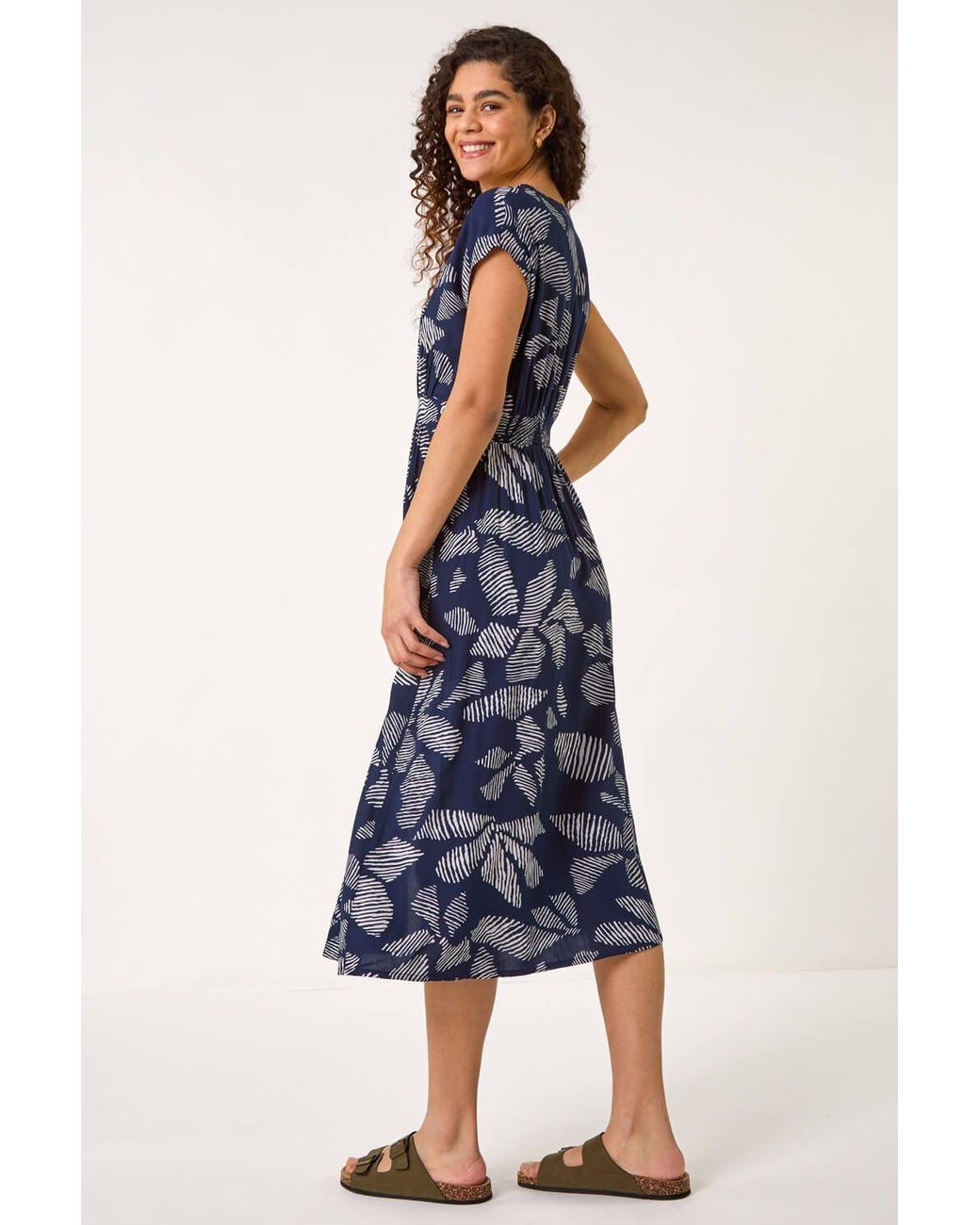 Roman Blue Leaf Print Buttoned Midi Dress
