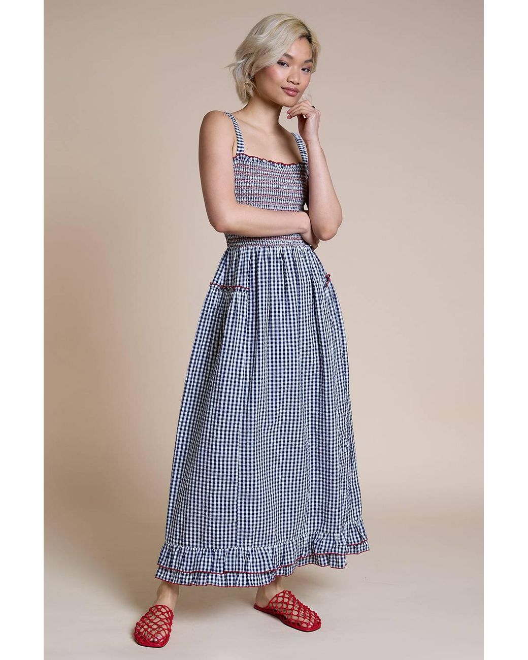 Neon Rose Blue Cotton Shirred Ruffle Detail Midaxi Dress