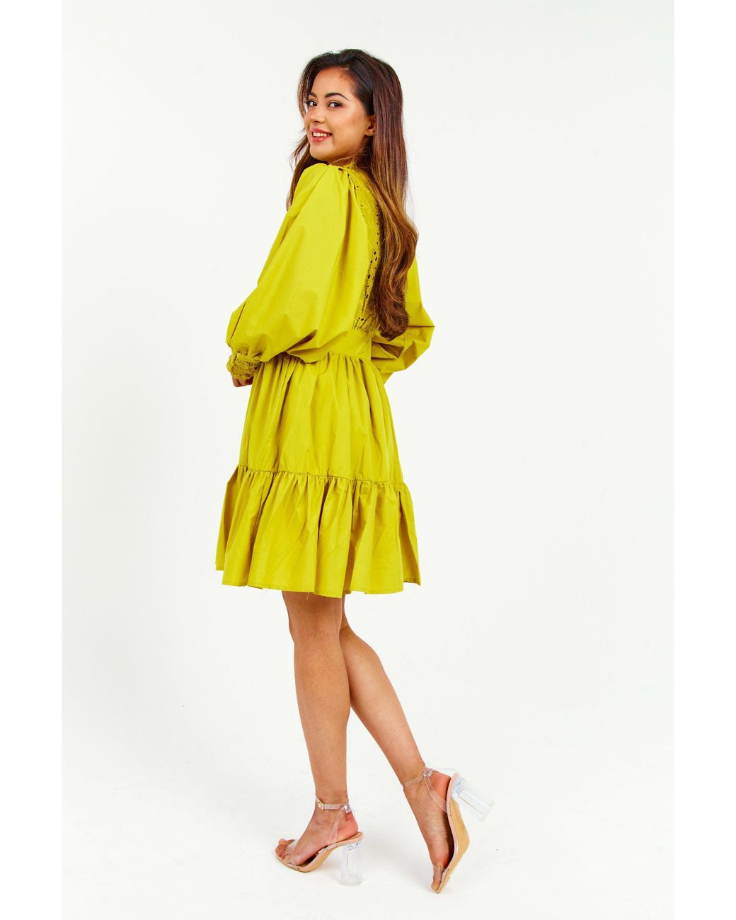 LuvForever Fashion Yellow Embroidered Ruffle Mini Dress