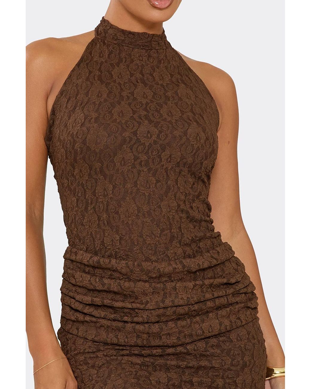 EGO Brown Sleeveless Drape Panel Lace Mini Dress