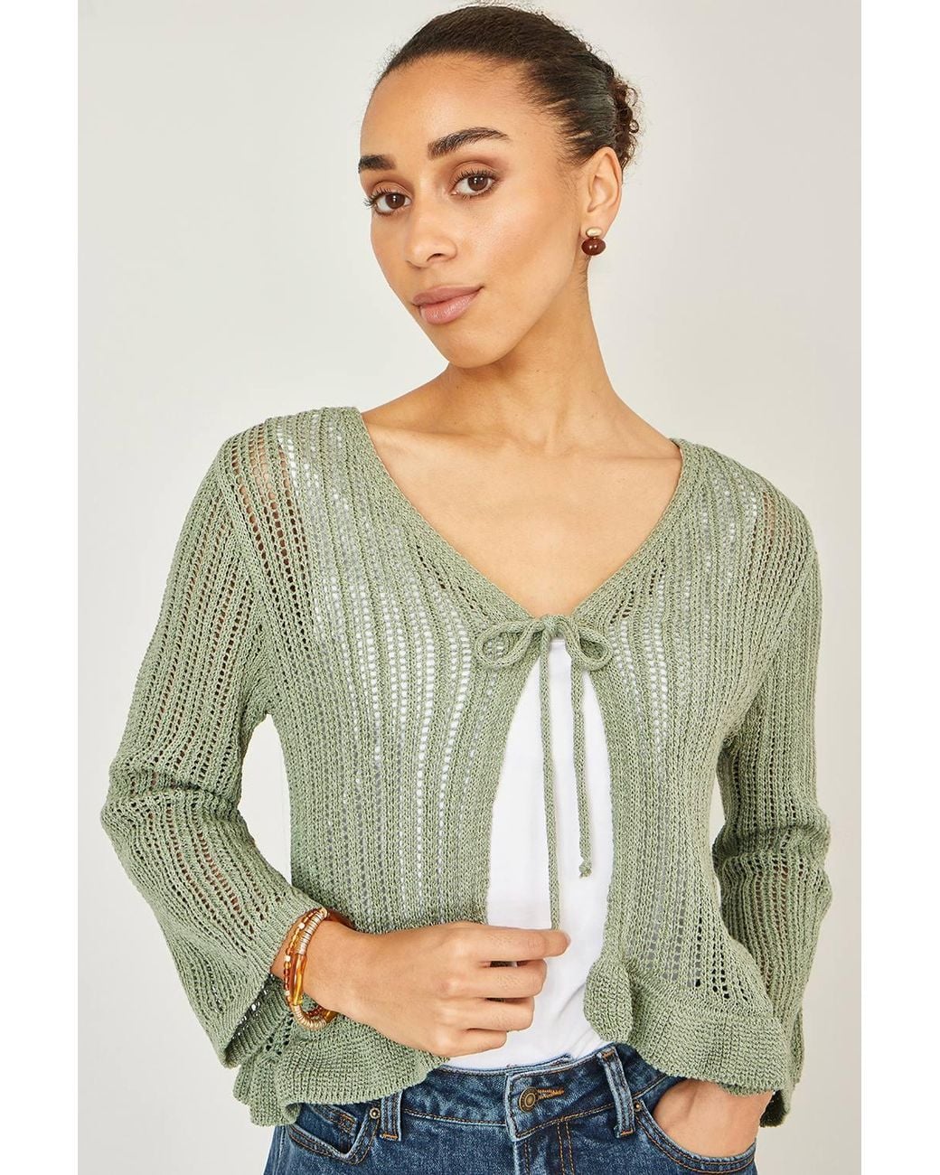 Yumi' Green Tie Front Pointelle Cardigan