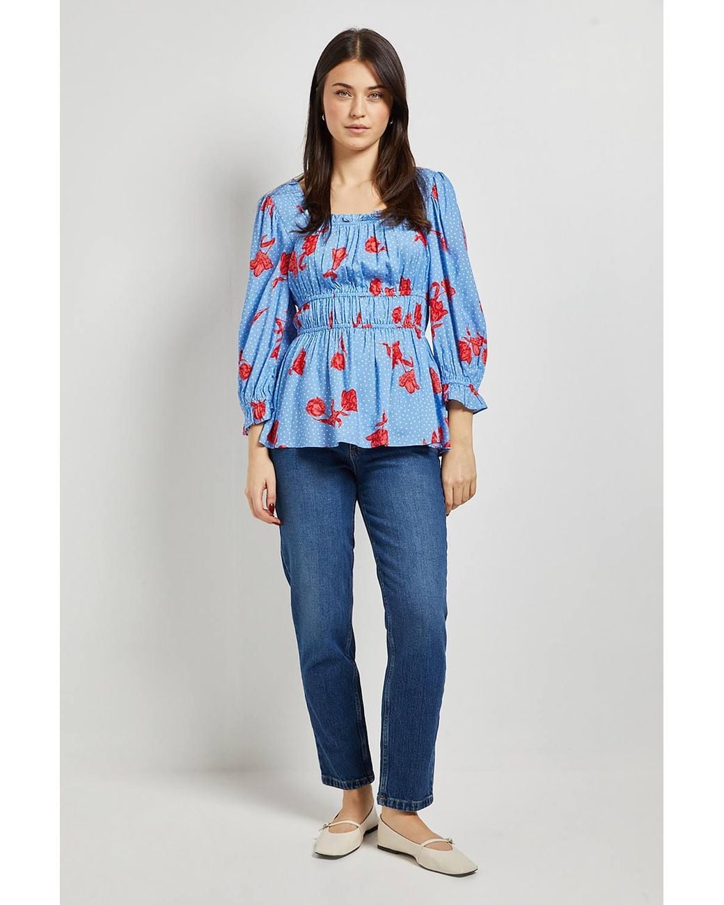 Dorothy Perkins Blue Floral Square Neck Blouson Sleeve Top