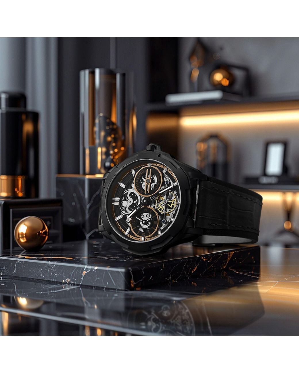 Stuhrling Black Dual Time Automatic Navigator Watch, 46Mm Stainless Steel Case, Dual Time, Skeleton Dial, Sun/Moon Phase Indicator for men